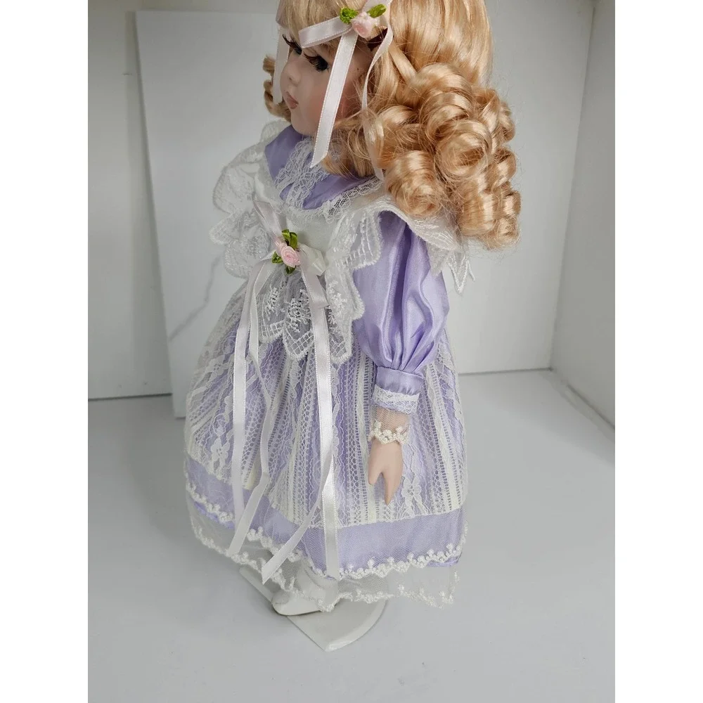 Vintage‎ Porcelain Doll Blonde Hair Blue Eyes Curls w Stand 14
